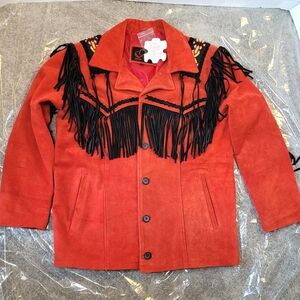 Red Suede Jacket with Black Fringe and Beaded Epaulets Vintage NOS NWT